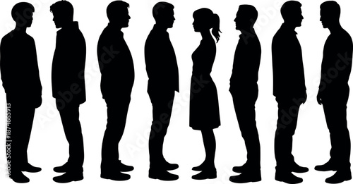 Collection of Diverse Silhouettes of Men and Women Standing in Profile View Against a White Background