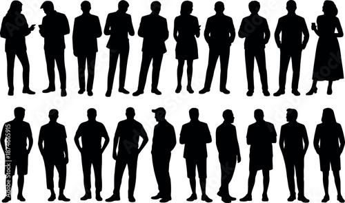 Collection of diverse silhouettes of men and women standing and interacting with mobile phones and each other isolated on transparent background