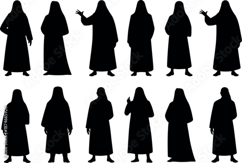 Collection of various standing woman in burqas or robes silhouettes in different poses on white background  many black female figures