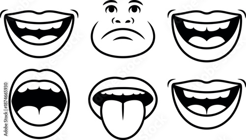Collection of Six Diverse Cartoon Mouth Expressions and a Sad Face with Stylized Eyes and Nose Isolated on Transparent Background