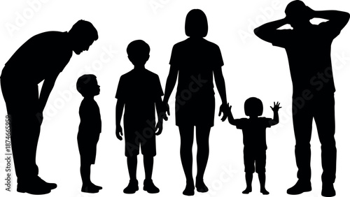 Diverse family silhouettes including parents and children in various poses representing togetherness and different emotions across generations