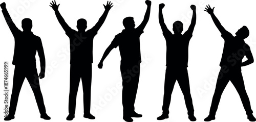 Diverse group of five men silhouetted with arms raised in various poses of celebration and triumph