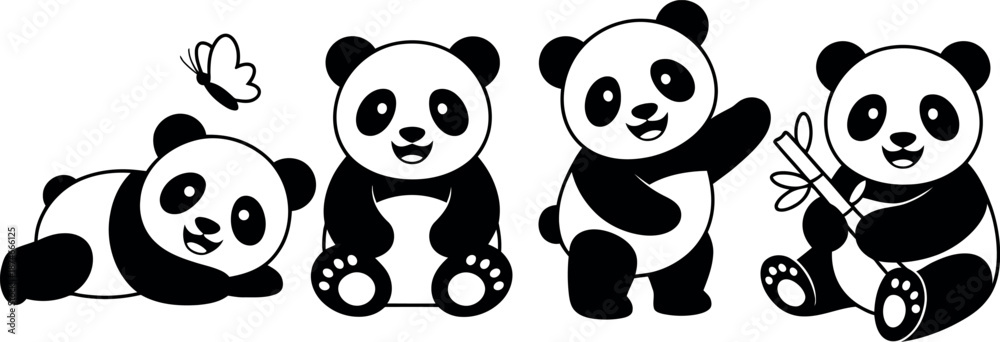 Obraz premium Four adorable cartoon pandas depicted in various playful poses with a small butterfly flying nearby isolated on a transparent background