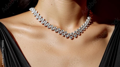 A model showcases an elegant necklace made of sparkling gems. The setting is well-lit, allowing the jewelry to catch the eye. The focus is on the necklace and the model during an evening event.