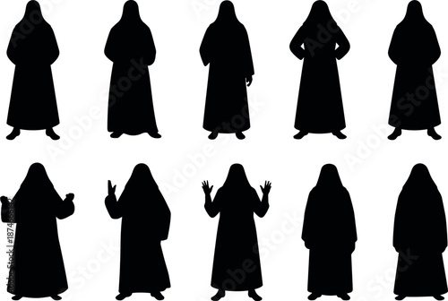 Set of black silhouettes of a person wearing a hooded cloak in various poses on white background  simple graphics