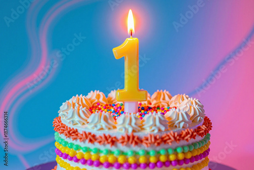 Birthday cake with a lit candle in the shape of the number one.
