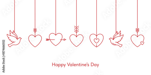 Happy Valentine's Day banner with hanging hearts and doves; Red line art romantic header; Minimalist vector illustration with arrows.