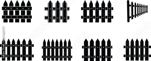 Collection of various black picket fence designs and perspectives