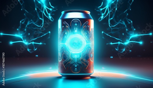 energy drink can with a glowing energy core pulsing light cybernetic theme