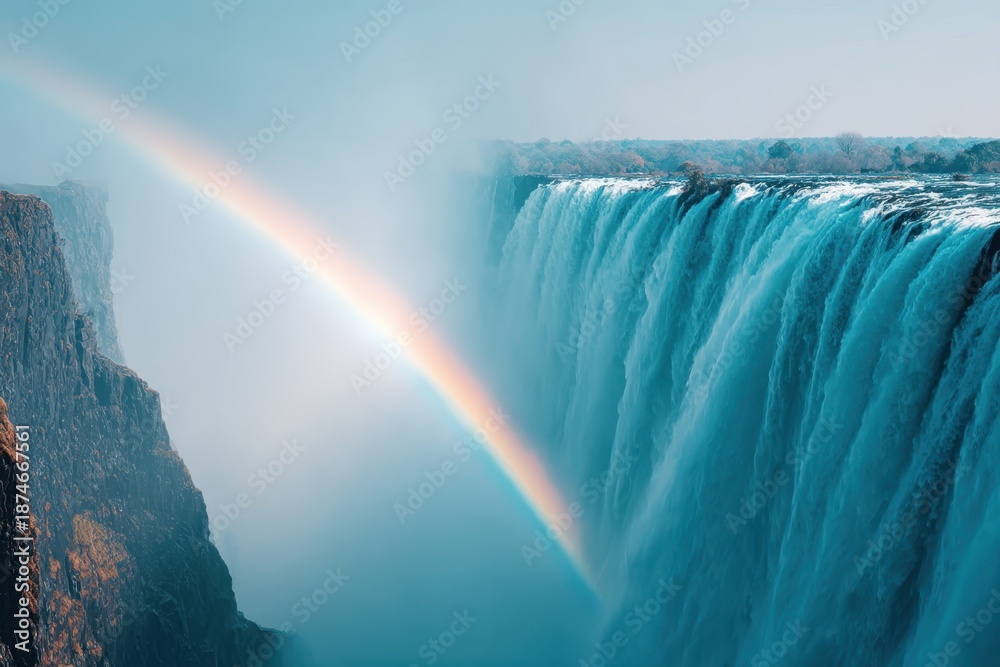 Naklejka premium Majestic Waterfall with Rainbow and Mist