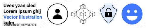 Digital identity, blockchain technology, data security, encryption, user authentication, online interaction. Set of four icons including user profile, blockchain network, shield with lock and happy