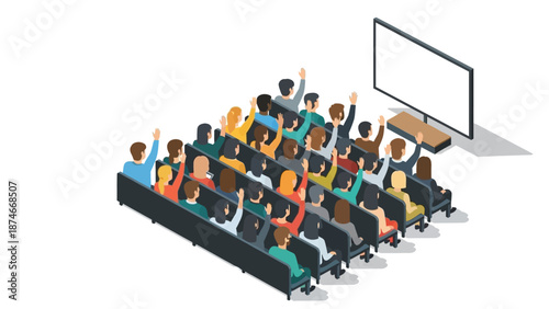 Diverse audience watching presentation in isometric style with rows of seats