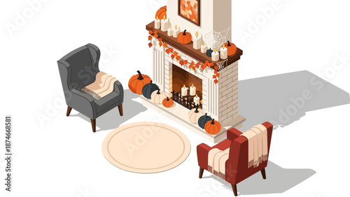 Cozy autumn fireplace decor with pumpkins, candles, and armchairs in isometric style