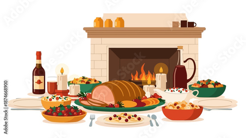 Cozy thanksgiving dinner by the fireplace with roast turkey and candlelight