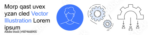Workflow, teamwork, automation, process optimization, digital solutions, system development. A profile icon, gears and a process diagram. Workflow and teamwork concepts