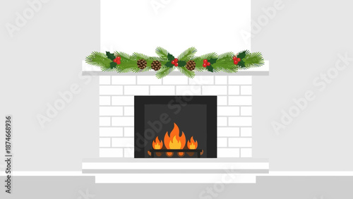 Cozy fireplace with festive pine garland for christmas decoration in flat design