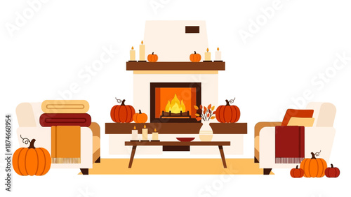 Cozy autumn living room decor with pumpkins and fireplace