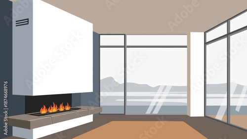 Modern minimalist living room with fireplace and large windows overlooking mountains