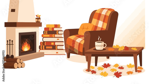 Cozy autumn living room with fireplace, books, and coffee for a warm seasonal atmosphere