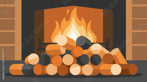 Cozy fireplace with stacked logs and warm flames in flat design style