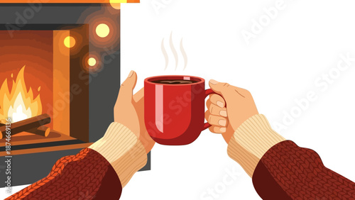 Cozy winter warmth: relaxing by the fireplace with a hot drink in hand