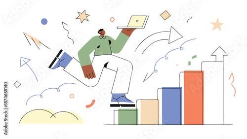 Young professional celebrating career success with laptop in modern graphic design