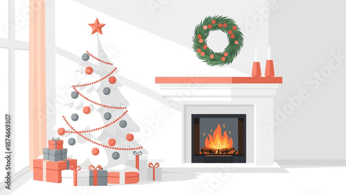 Festive living room with christmas tree and fireplace in minimalist style