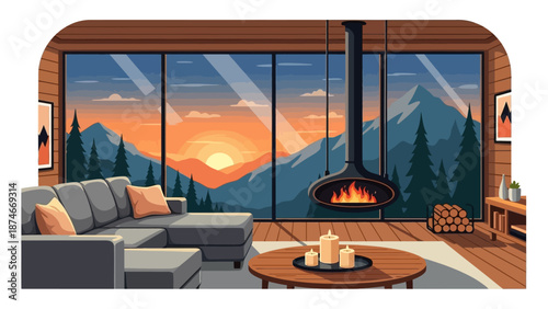 Cozy living room with mountain sunset view and modern fireplace design