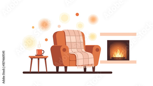 Cozy living room with armchair and fireplace in minimalist style