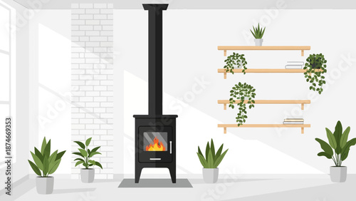 Modern cozy fireplace room with minimalist décor and indoor plants