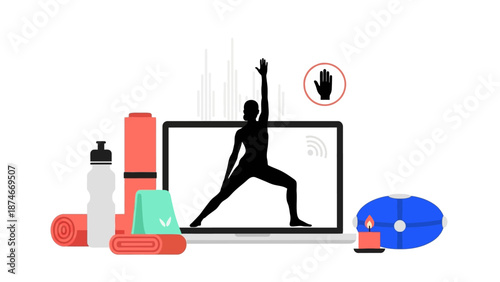 Online fitness training with yoga and meditation equipment in modern silhouette design