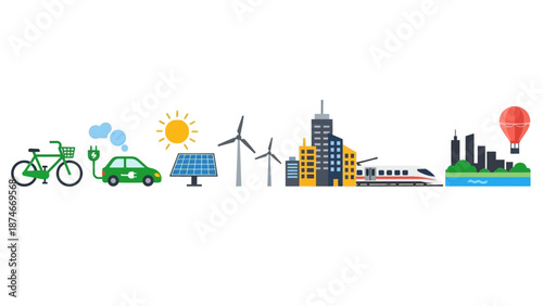 Eco-friendly urban transportation and renewable energy icons collection