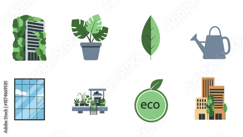 Sustainable urban elements: green architecture, eco gardening, minimalist icon set