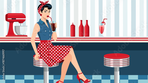Retro diner vector illustration with a woman in a polka dot dress enjoying a drink