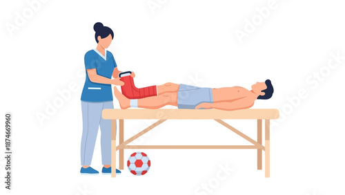 Physical therapist treating athlete with leg injury on massage table