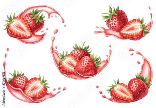 Fresh strawberry fruit with juice splash in natural watercolor art. Botanical strawberry set with dynamic splash in hand watercolor.
