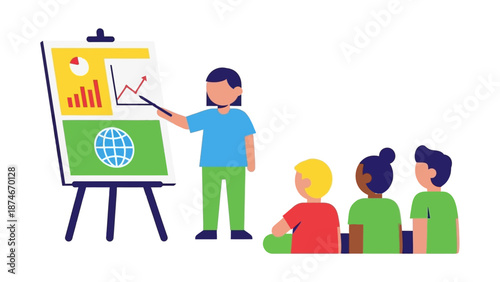 Teacher presenting charts to children in casual classroom setting