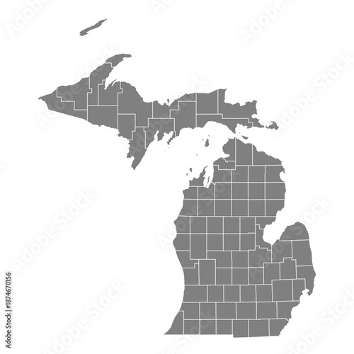 Michigan State Map Vector SVG Grey Fill White County Lines Transparent Background Isolated Silhouette High Quality Political Administrative Boundaries Concept for Infographic Data Visualization