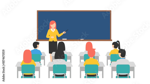 Classroom scene with female teacher and diverse students in a flat style concept