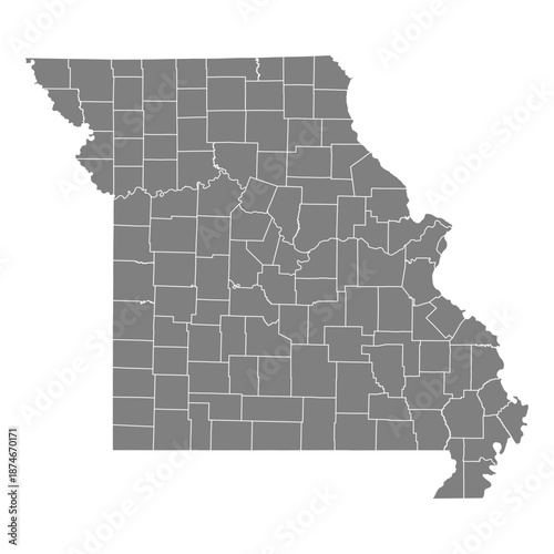 Obraz na płótnie Missouri State Map Vector SVG Grey Fill White County Lines Transparent Backgroun