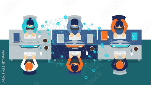 Collaborative workspace connection in modern office environment with networking concept