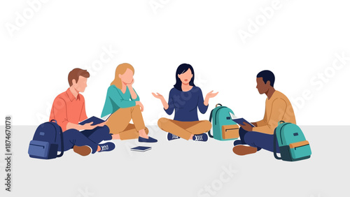 Diverse group of young adults engaging in a casual discussion with tablets and backpacks