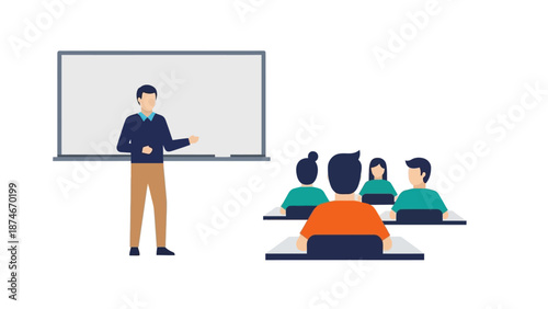 Teacher leading classroom session with students in flat design style