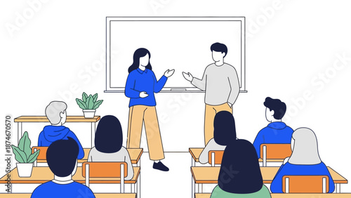 Interactive classroom session: diverse students engaging in dialogue with teacher