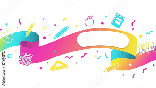 Colorful academic banner with school supplies for creative designs