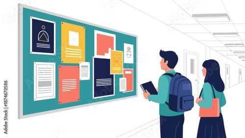 Students viewing university bulletin board in modern school hallway design