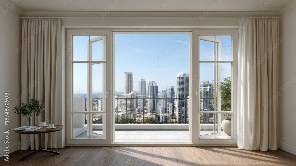 Obraz premium Modern living room with large open windows showcasing a stunning city skyline view, featuring elegant curtains and stylish furniture, creating a serene urban atmosphere
