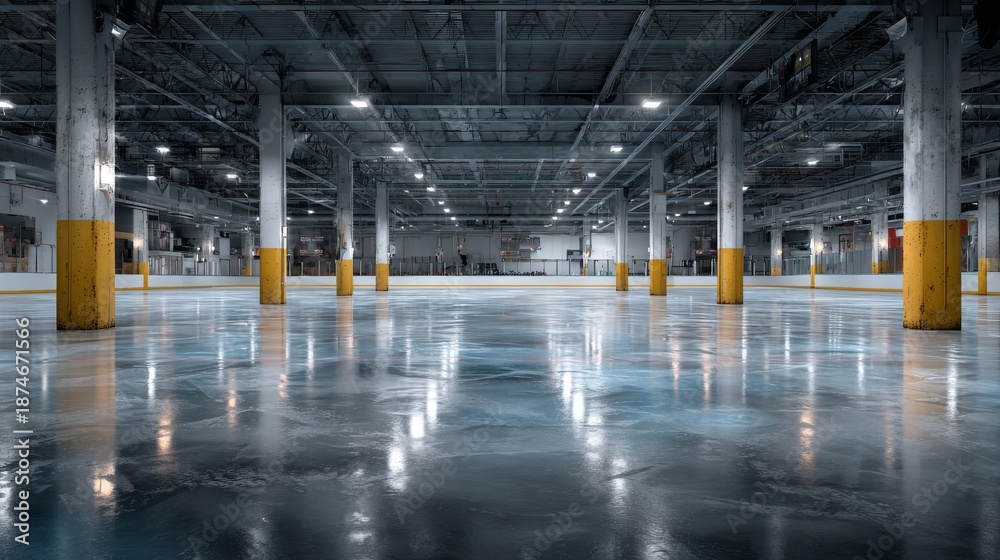 Fototapeta premium The vacant ice rink is lit by bright overhead lights, with yellow support columns and stadium seating behind it