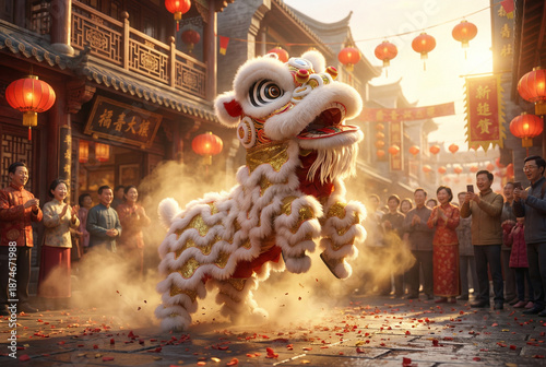 Chinese traditional lion dance costume performing at a temple in China, Lunar new year celebration, Chinese New Year