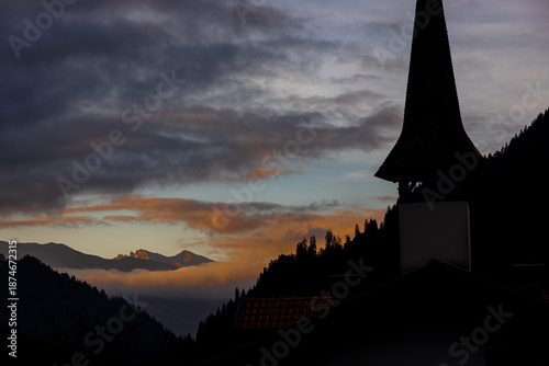 an evening mountain village background